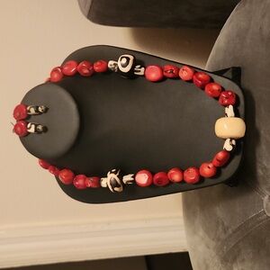 Elegant Necklace & Earrings Red, Black & Cream Set